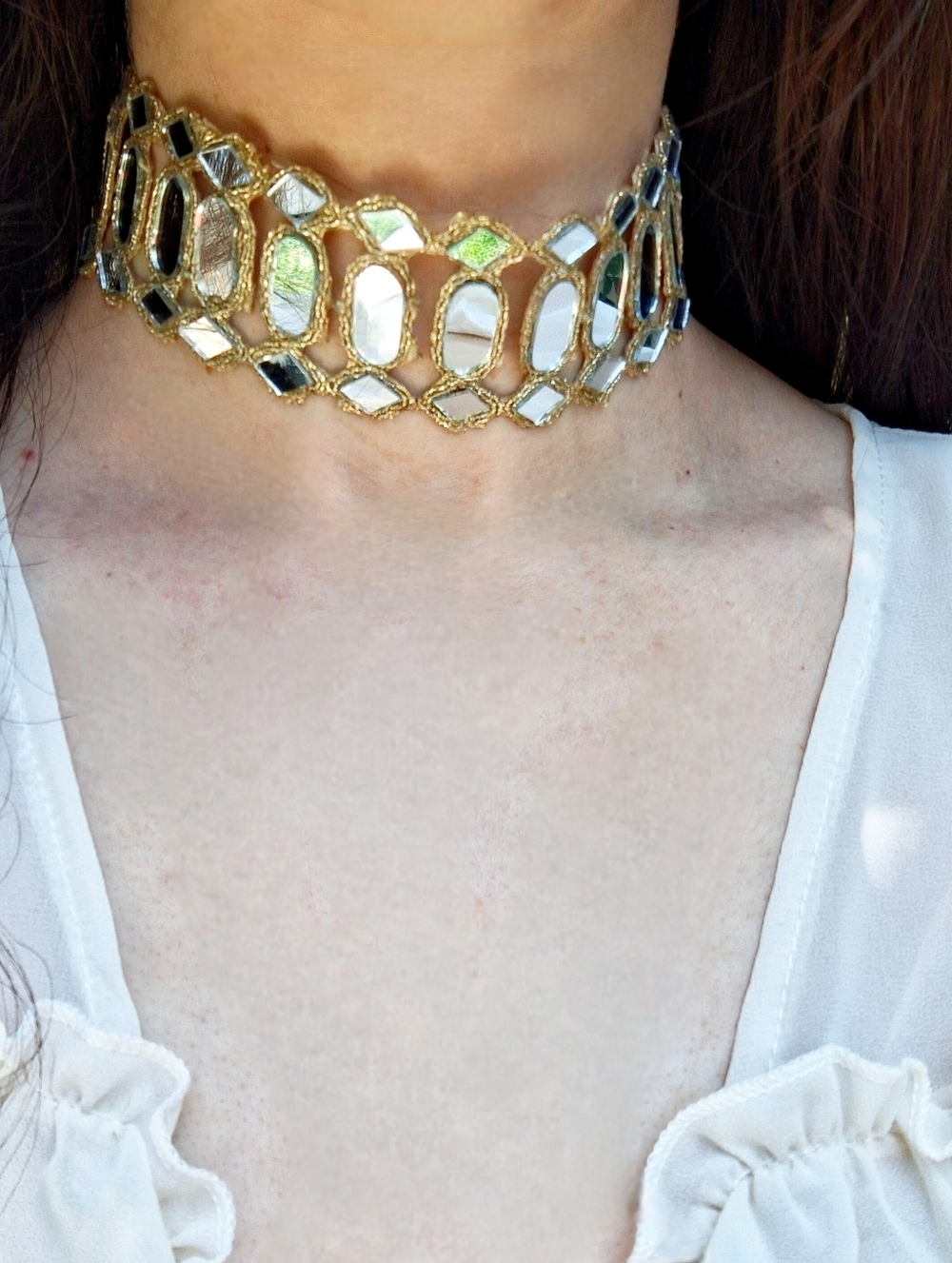 Handmade Gold Boho Mirror Choker Necklace Festival Party Wedding Rave Glamour
